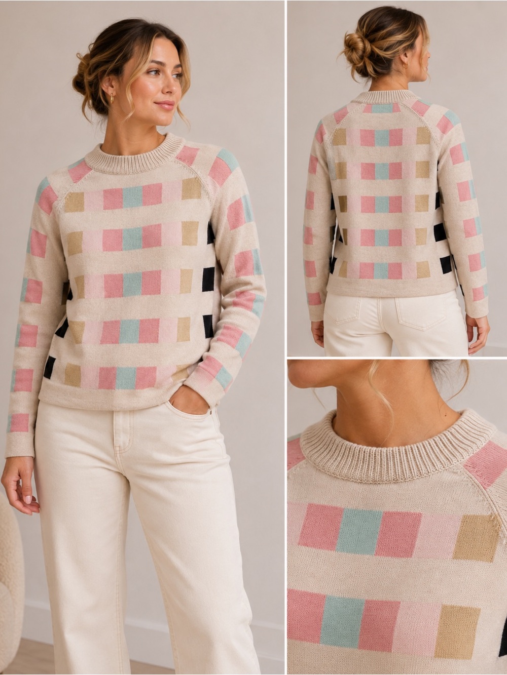 Women's Beige Crewneck Sweater with Pastel Block Pattern 100% wool small